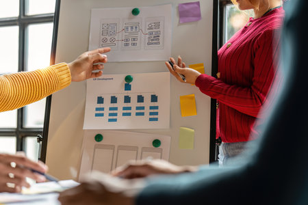 Group of ux developer and ui designer brainstorming about app interface design at modern office....