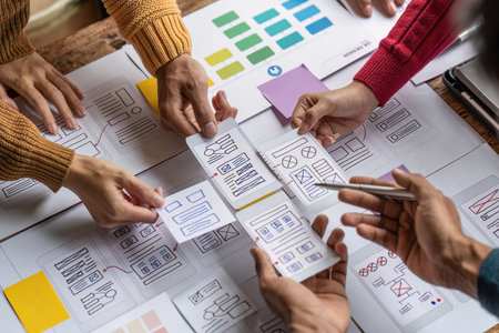 Group of ux developer and ui designer brainstorming about app interface design at modern office....