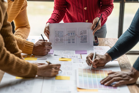 Group of ux developer and ui designer brainstorming about app interface design at modern office....