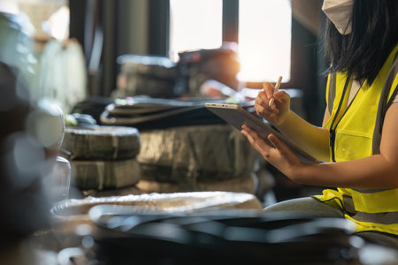 Working at warehouse. Male warehouse worker checking in storage department. Employee organizing goods distribution to the market.の写真素材