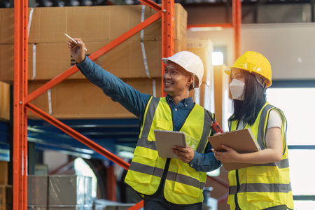 Working at warehouse. Male warehouse worker checking in storage department. Employee organizing...