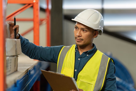 Working at warehouse. Male warehouse worker checking in storage department. Employee organizing goods distribution to the market.の写真素材