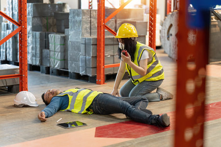 First aid by workmate. Working at warehouse. Male warehouse worker have accident.の写真素材
