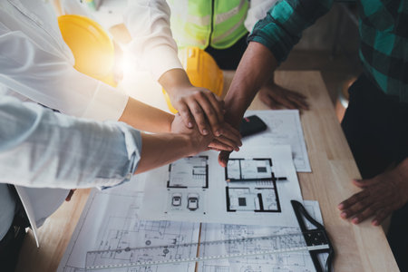Architect people working with blueprints. Civil engineer teams meeting working together. Foreman...