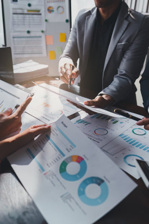 Close up Business team of financial analyze about companys graph profit. finance mistake, strategy, meeting conceptの写真素材