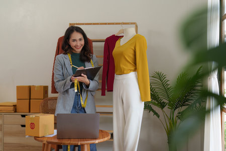 Asian Woman fashion designer cloth tailor creative working for new collection. Happy online store owner preparing an order for shippingの写真素材