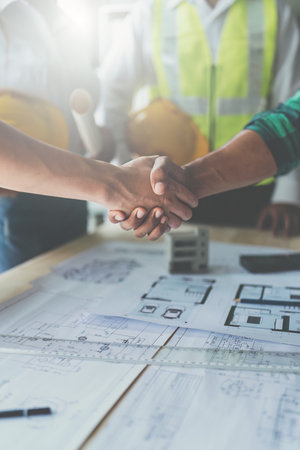 Architect people working with blueprints. Civil engineer teams meeting working together. Foreman...