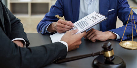 Business people and lawyers discussing contract papers with brass scale on wooden desk in office. Law, legal services, advice, Justice conceptの写真素材