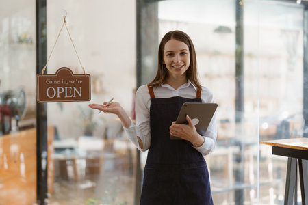 Young Female manager in restaurant with tablet. Woman coffee shop owner with open sign. Small...