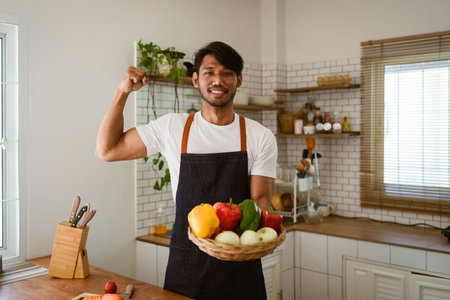 Portrait of asian man making salad at home. cooking food and Lifestyle momentの写真素材