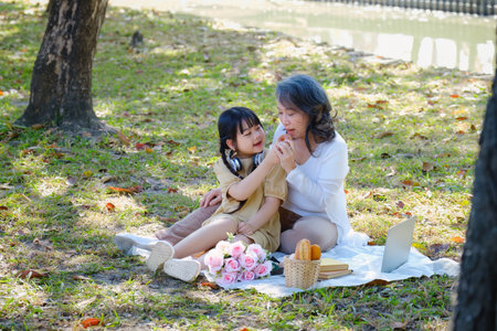Asian Grandmother and Granddaughter having activity together outdoor park. Hobbies and leisure, lifestyle, family life, happiness moment conceptの写真素材