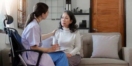 Home healthcare nurse, physical therapy with senior adult woman at home