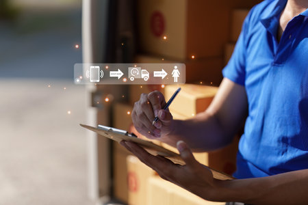 Asian courier with parcel and delivery logistic concept. Delivery man with checking list on...