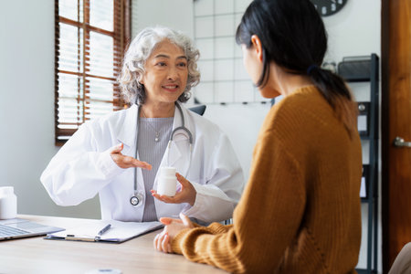 Doctor and patient are discussing at clinic. Digital healthcare and network connection, Data analysis conceptの写真素材