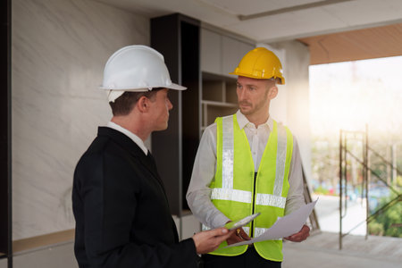 Civil Construction team working at renovate construction site. architectural plan, engineer...