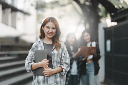 Young Asian woman college student with friends at outdoors. College student working on the college campus, education, school, studyの写真素材