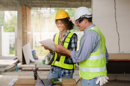 Architect team working with blueprints for architectural plan, engineer sketching a construction...