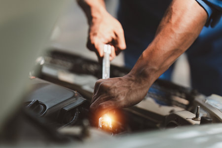 Expert auto mechanic repair and service customer service work on car at garage. automobile car conceptの写真素材
