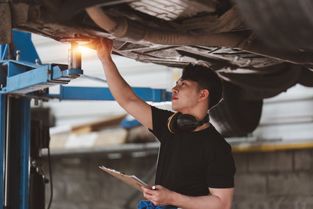 Expert auto mechanic repair and service customer service work on car at garage. automobile car conceptの写真素材