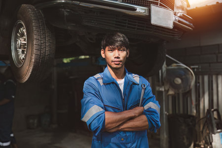 Expert auto mechanic repair and service customer service work on car at garage. automobile car conceptの写真素材