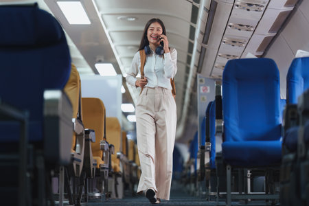 Beautiful Asian business woman talking with client by mobile phone when flight landing. working, travel, business conceptの写真素材