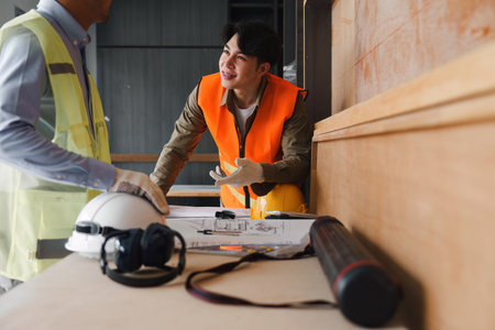 Architect and Engineer working with blueprints for architectural plan, engineer sketching a construction project, green energy conceptの写真素材