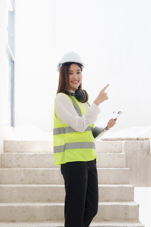 Asian Engineer working and quality check at construction site. Asian foreman construction standing at construction officeの写真素材
