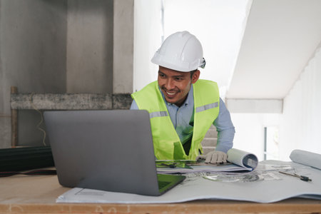 Architect or Engineer working with blueprints for architectural plan, engineer sketching a construction project, green energy conceptの写真素材