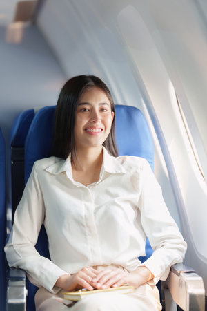 Beautiful Asian business woman happy and smile in luxury flight. working, travel, business conceptの写真素材