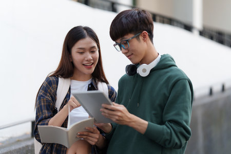 Young Asian woman college student with friends at outdoors. College student working on the college campus, education, school, studyの写真素材