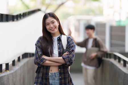 Young Asian woman college student with friends at outdoors. College student working on the college campus, education, school, studyの写真素材