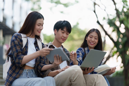 Young Asian woman college student with friends at outdoors. College student working on the college campus, education, school, studyの写真素材