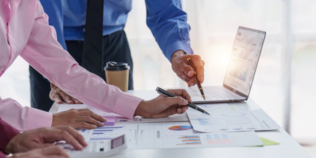 Group of Businessman or Accountant checking finance data document for investigation of corruption...