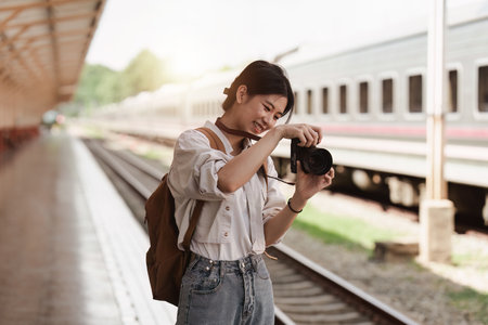 Asian Tourist person backpacker to travel at train station. Tourism and travel in the summerの写真素材