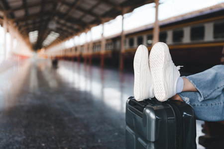 Asian Tourist person backpacker to travel at train station. Tourism and travel in the summerの写真素材