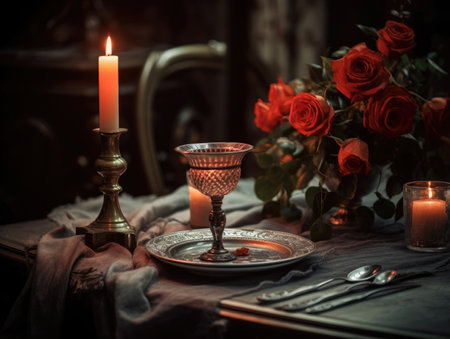 Romantic dinner setting with flowers and silverware, candle and red rose on table. Generative AIの素材