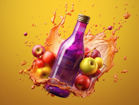 Juice bottle in the air, water and apple splash. Generative AIの素材
