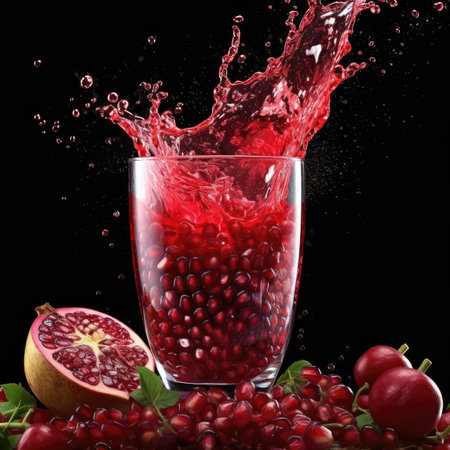 A glass of pomegranate juice, splash, sliced pomegranate. Generative AIの素材