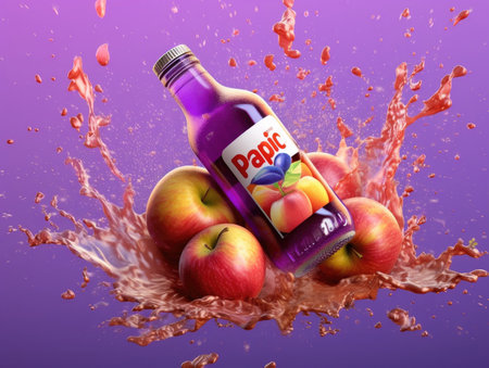 Juice bottle in the air, water and apple splash. Generative AIの素材