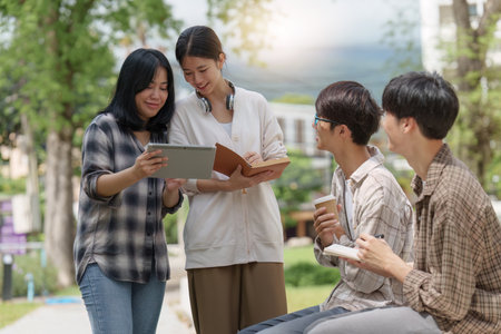 Beautiful young Asian people college student with friends at outdoors. College student working on the college campus.の写真素材