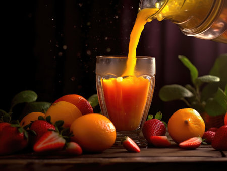 Orange juice is being poured by a glass with sliced orange. Generative AIの素材