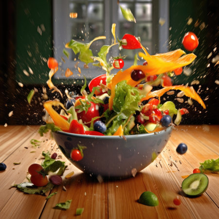 Vegetable salad and fruit on kitchen table. Generative AIの素材