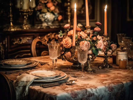 Pink floral table setting for a romantic dinner table with table cloth, candles and silverware. Generative AIの素材