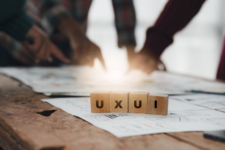 Close up ux developer and ui designer brainstorming interface wireframe design.Creative digital development agencyの写真素材
