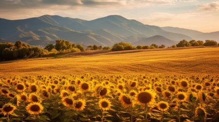 A landscape of sunflowers blooming in a sunflower field illuminated by sunlight, bright sky and mountains in the background. Generative AIの素材