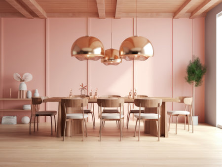 Minimal interior design of a modern dining room in light pink tones, decorated with simple furniture with a wooden table and chairs. Generative AIの素材