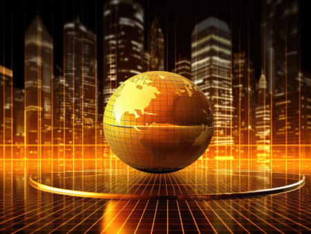 A gold globe, earth finance concept economy global business, skyscrapers in the style of bokeh in the background. Generative AIの素材