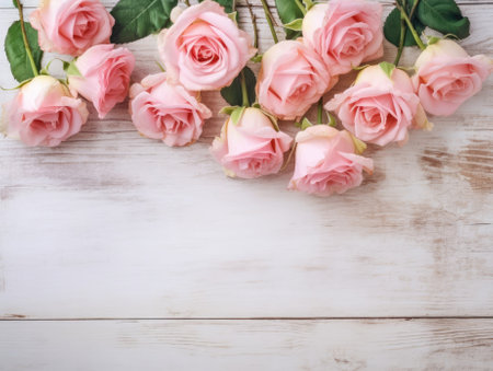 Top view of pink roses against a white wood table background, in the style of vintage. Generative AIの素材