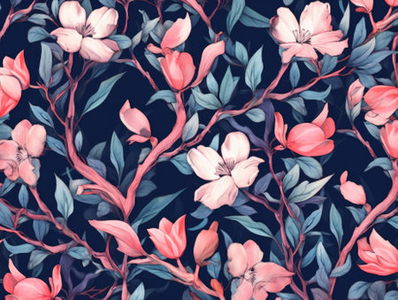 Flower painting wallpaper with pink flowers, red flowers, and a navy background with soft lines of floral and botanical. Generative AIの素材