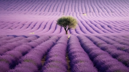 A vast and serene lavender field stretching out into the distance, a tree in the middle of the lavender field. Generative AIの素材